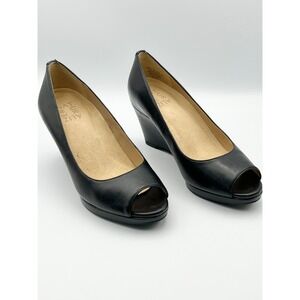 Naturalizer‎ Nertz Olivia Black Leather Peep Toe Wedge Heel Pumps Shoes US 5.5M